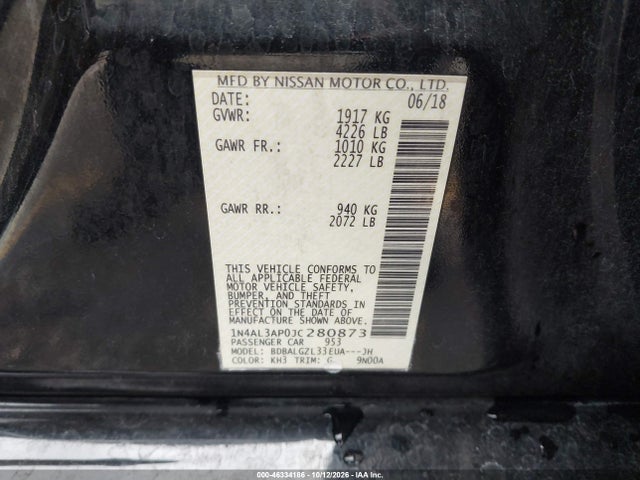 Aukcja sprzedaży 2018 Nissan Altima 2.5 S, vin: 1N4AL3AP0JC280873, numer aukcji: 46334186