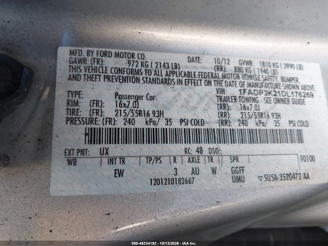 46334192 :رقم المزاد ، 1FADP3K21DL176269 vin ، 2013 Ford Focus Se مزاد بيع