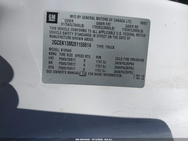 Aukcja sprzedaży 2008 Chevrolet Silverado 1500 Lt1, vin: 2GCEK13M281158814, numer aukcji: 46334245