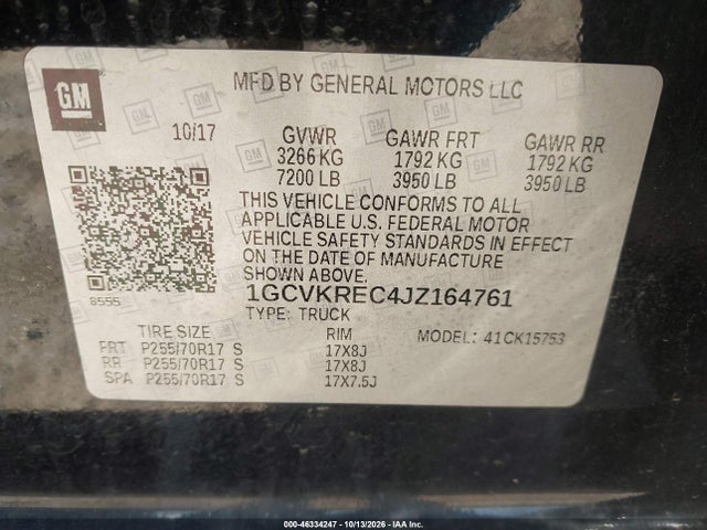 Aukcja sprzedaży 2018 Chevrolet Silverado 1500 1lt, vin: 1GCVKREC4JZ164761, numer aukcji: 46334247