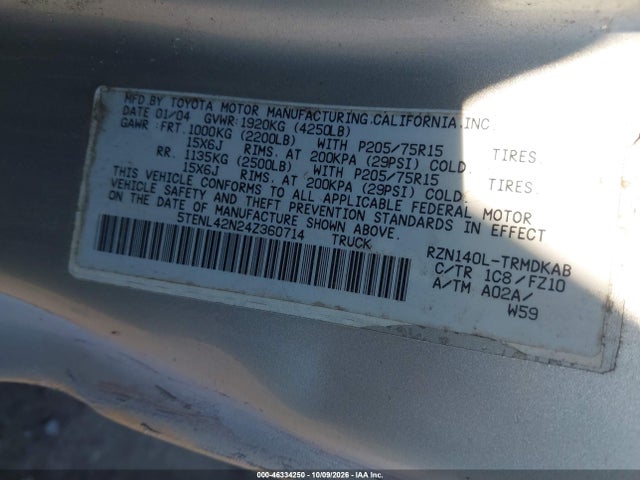 46334250 :رقم المزاد ، 5TENL42N24Z360714 vin ، 2004 Toyota Tacoma مزاد بيع