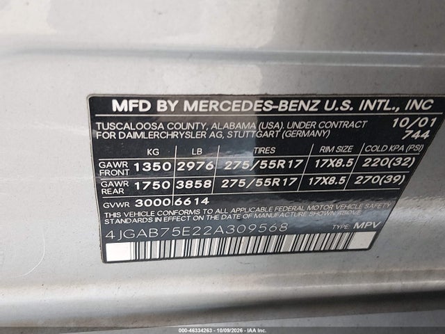2002 Mercedes-benz Ml 500 მანქანა იყიდება აუქციონზე, vin: 4JGAB75E22A309568, აუქციონის ნომერი: 46334263