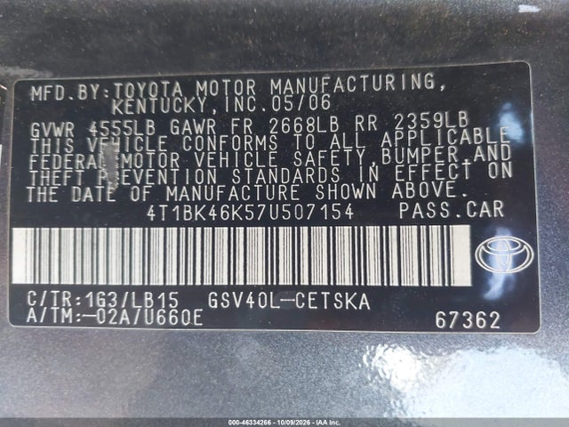 Aukcja sprzedaży 2007 Toyota Camry Se V6, vin: 4T1BK46K57U507154, numer aukcji: 46334266