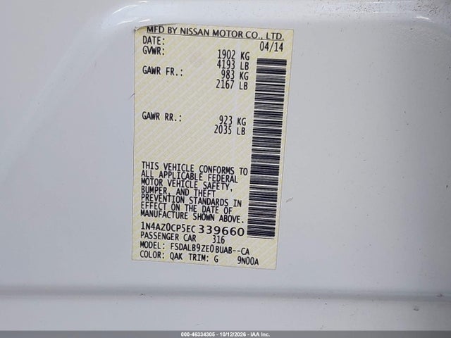 Продаж на аукціоні авто 2014 Nissan Leaf S/sl/sv, vin: 1N4AZ0CP5EC339660, номер лоту: 46334305