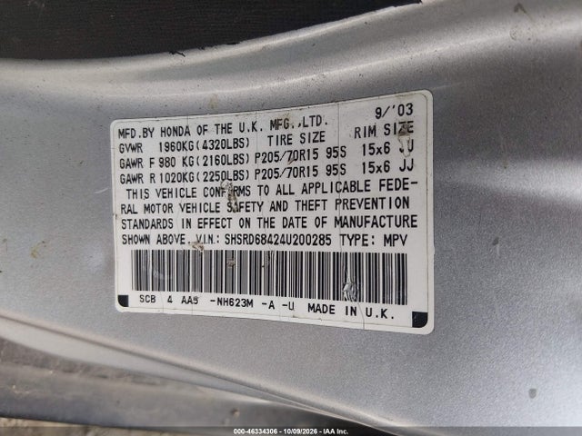 46334306 :رقم المزاد ، SHSRD68424U200285 vin ، 2004 Honda Cr-v Lx مزاد بيع