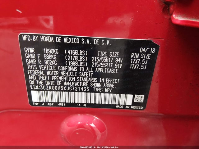 Продажа на аукционе авто 2018 Honda Hr-v Ex, vin: 3CZRU6H5XJG721433, номер лота: 46334319