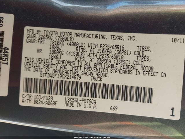 Продаж на аукціоні авто 2012 Toyota Tundra Crewmax Sr5, vin: 5TFDW5F19CX214879, номер лоту: 46334324