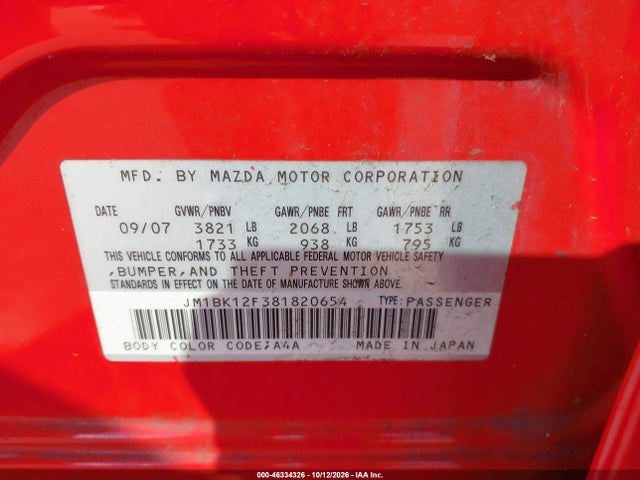 2008 Mazda Mazda3 I Sport მანქანა იყიდება აუქციონზე, vin: JM1BK12F381820654, აუქციონის ნომერი: 46334326