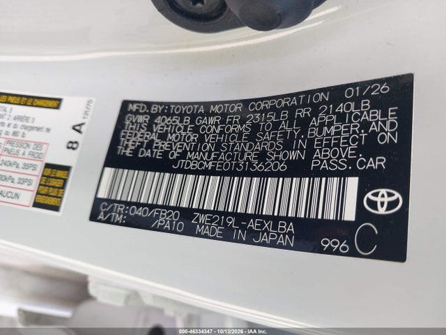 JTDBCMFE0T3136206 Toyota Corolla Hybrid Hybrid Le