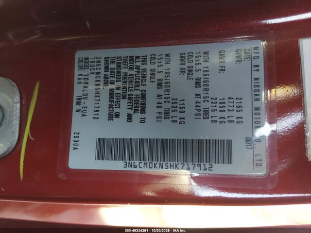 46334351 :رقم المزاد ، 3N6CM0KN5HK717912 vin ، 2017 Nissan Nv200 S مزاد بيع