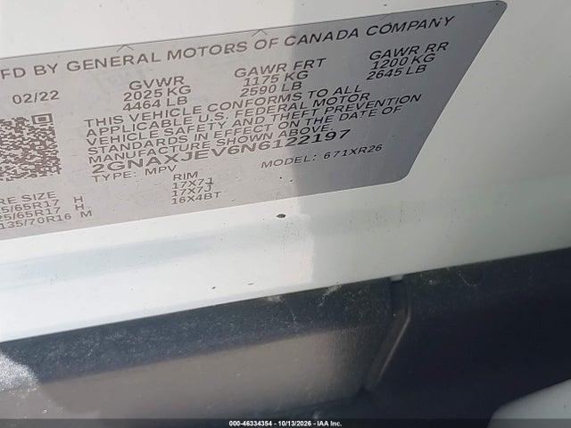 46334354 :رقم المزاد ، 2GNAXJEV6N6122197 vin ، 2022 Chevrolet Equinox Fwd 2fl مزاد بيع