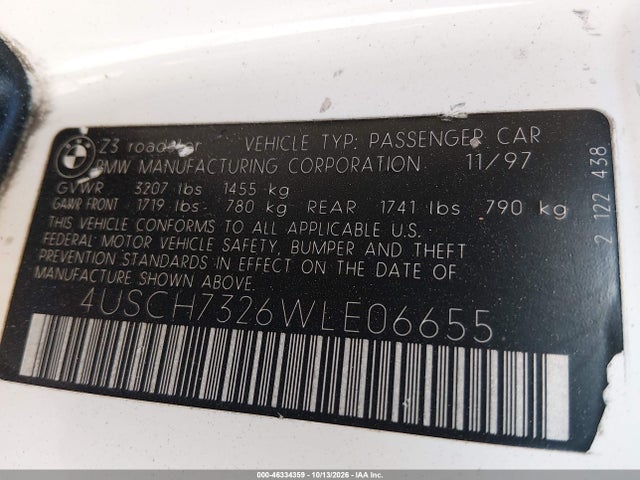 Продажа на аукционе авто 1998 Bmw Z3 1.9, vin: 4USCH7326WLE06655, номер лота: 46334359