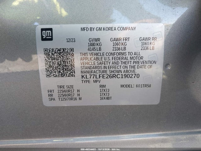Продаж на аукціоні авто 2024 Chevrolet Trax Fwd Sp, vin: KL77LFE26RC190270, номер лоту: 46334403