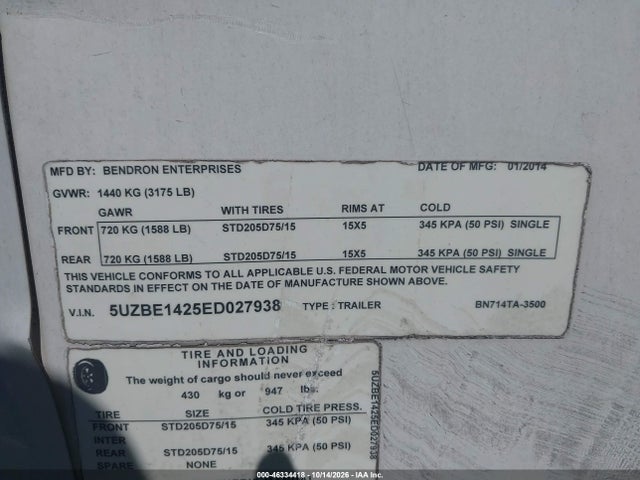 46334418 :رقم المزاد ، 5UZBE1425ED027938 vin ، 2014 Diamond Trailers Inc Other مزاد بيع