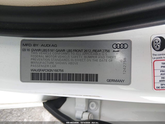 Продажа на аукционе авто 2016 Audi A6 2.0t Premium Plus, vin: WAUGFAFC6GN168756, номер лота: 46334586