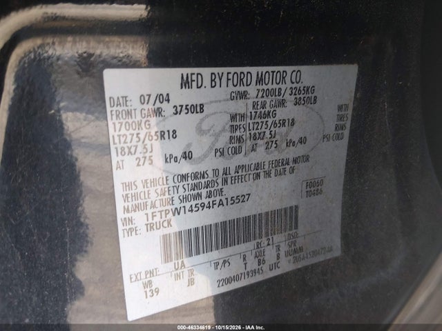 Aukcja sprzedaży 2004 Ford F-150 Fx4/lariat/xlt, vin: 1FTPW14594FA15527, numer aukcji: 46334619