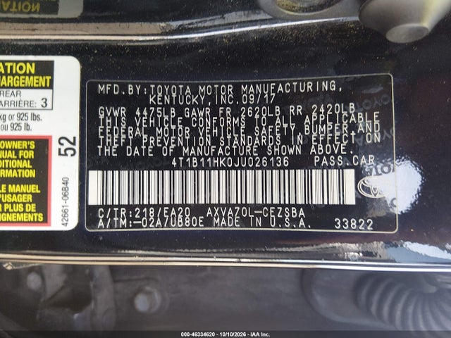 Продаж на аукціоні авто 2018 Toyota Camry Se, vin: 4T1B11HK0JU026136, номер лоту: 46334620