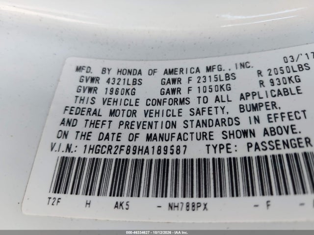 Продажа на аукционе авто 2017 Honda Accord Ex-l, vin: 1HGCR2F89HA189587, номер лота: 46334627