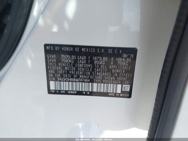 Auction sale of the 2019 Honda Fit Ex, vin: 3HGGK5H89KM747484, lot number: 46334686