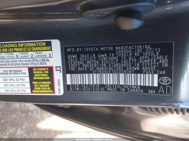 2013 Toyota Corolla Le მანქანა იყიდება აუქციონზე, vin: 2T1BU4EE1DC058381, აუქციონის ნომერი: 46334739