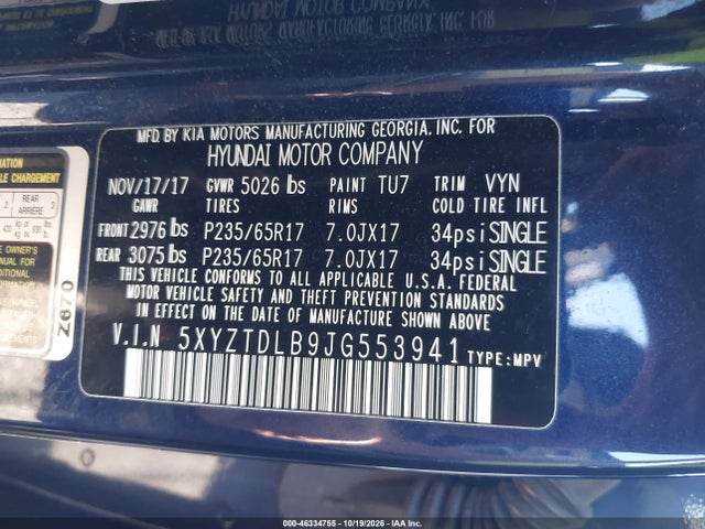 Продажа на аукционе авто 2018 Hyundai Santa Fe Sport 2.4l, vin: 5XYZTDLB9JG553941, номер лота: 46334755