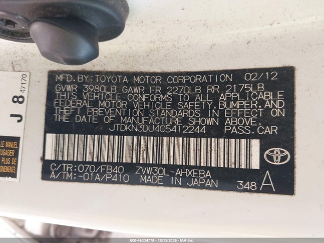 Aukcja sprzedaży 2012 Toyota Prius Two, vin: JTDKN3DU4C5412244, numer aukcji: 46334778