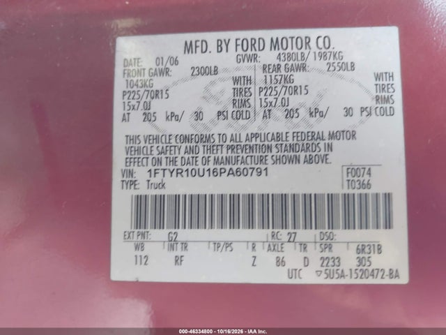 Продажа на аукционе авто 2006 Ford Ranger Sport/stx/xl/xlt, vin: 1FTYR10U16PA60791, номер лота: 46334800