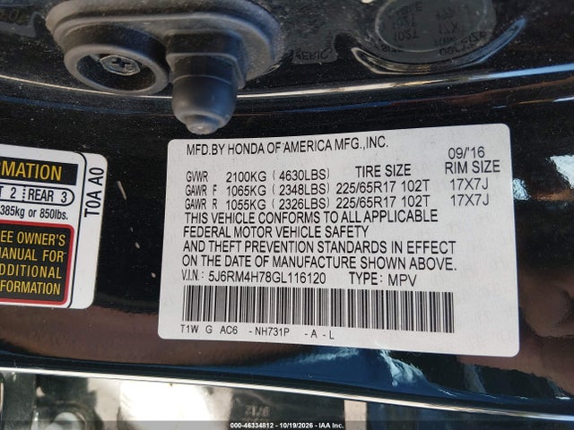 46334812 :رقم المزاد ، 5J6RM4H78GL116120 vin ، 2016 Honda Cr-v Ex-l مزاد بيع