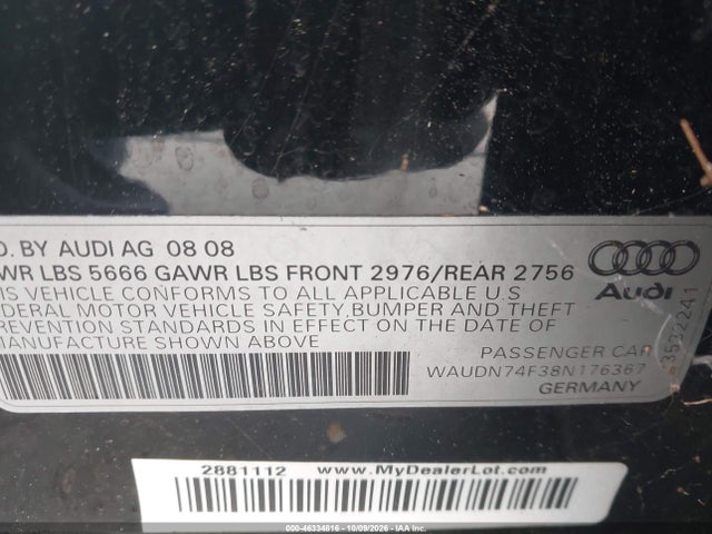 46334816 :رقم المزاد ، WAUDN74F38N176367 vin ، 2008 Audi S6 5.2 مزاد بيع