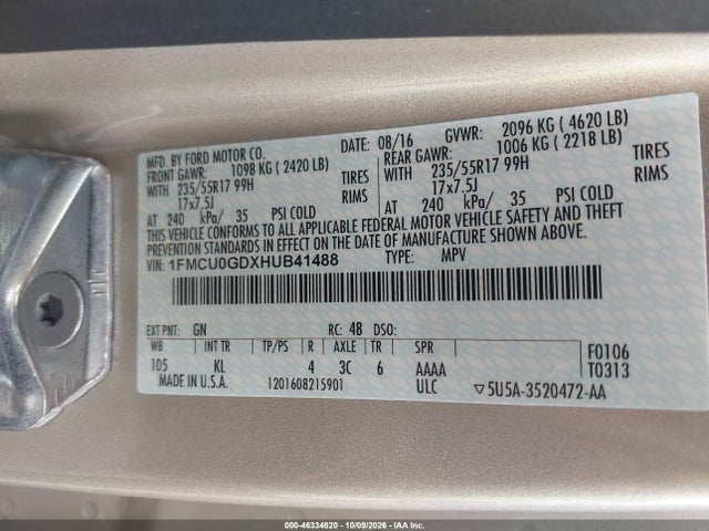 46334820 :رقم المزاد ، 1FMCU0GDXHUB41488 vin ، 2017 Ford Escape Se مزاد بيع