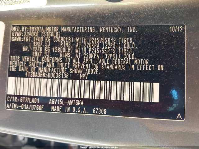 46334852 :رقم المزاد ، 4T3BA3BB5DU038136 vin ، 2013 Toyota Venza Xle مزاد بيع