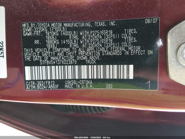 46334865 :رقم المزاد ، 5TFBV54137X023879 vin ، 2007 Toyota Tundra Sr5 5.7l V8 مزاد بيع