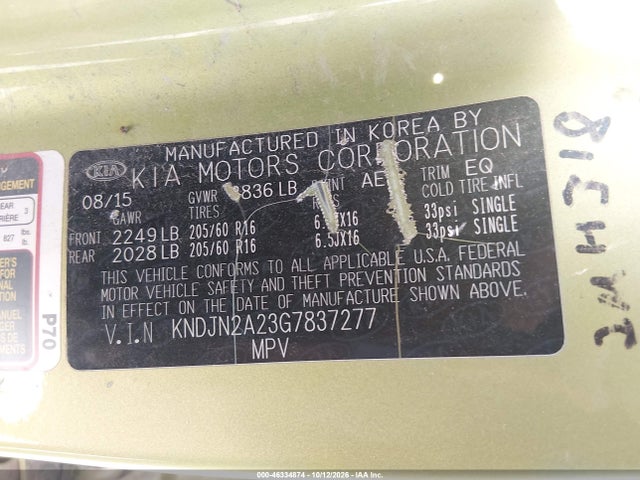 2016 Kia Soul მანქანა იყიდება აუქციონზე, vin: KNDJN2A23G7837277, აუქციონის ნომერი: 46334874
