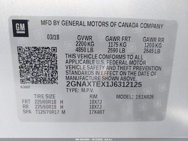 2018 Chevrolet Equinox Lt მანქანა იყიდება აუქციონზე, vin: 2GNAXTEX1J6312125, აუქციონის ნომერი: 46334884