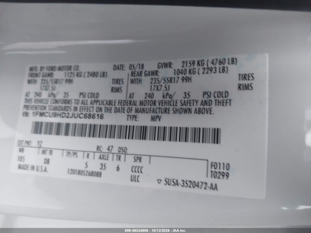 46334898 :رقم المزاد ، 1FMCU9HD2JUC68616 vin ، 2018 Ford Escape Sel مزاد بيع
