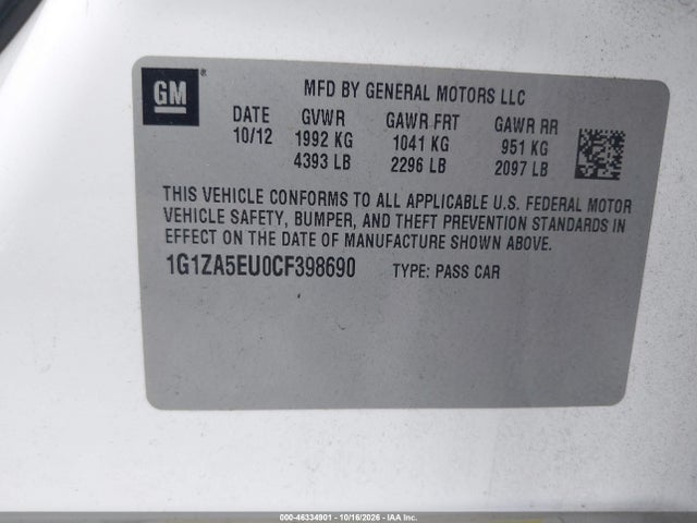 Продажа на аукционе авто 2012 Chevrolet Malibu Ls, vin: 1G1ZA5EU0CF398690, номер лота: 46334901