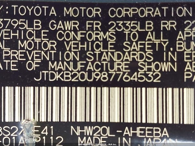Продаж на аукціоні авто 2008 Toyota Prius Standard, vin: JTDKB20U987764532, номер лоту: 46334911