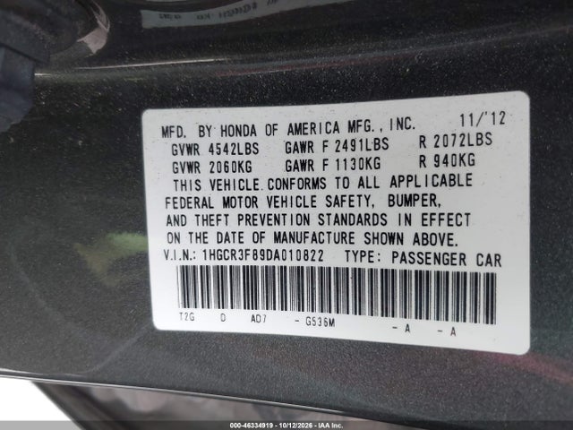 Aukcja sprzedaży 2013 Honda Accord Ex-l V-6, vin: 1HGCR3F89DA010822, numer aukcji: 46334919