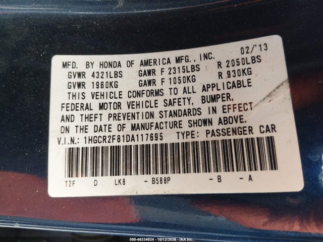 Aukcja sprzedaży 2013 Honda Accord Ex-l, vin: 1HGCR2F81DA117695, numer aukcji: 46334924