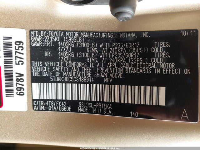 Продаж на аукціоні авто 2012 Toyota Sienna Le V6 8 Passenger, vin: 5TDKK3DC5CS188914, номер лоту: 46334937