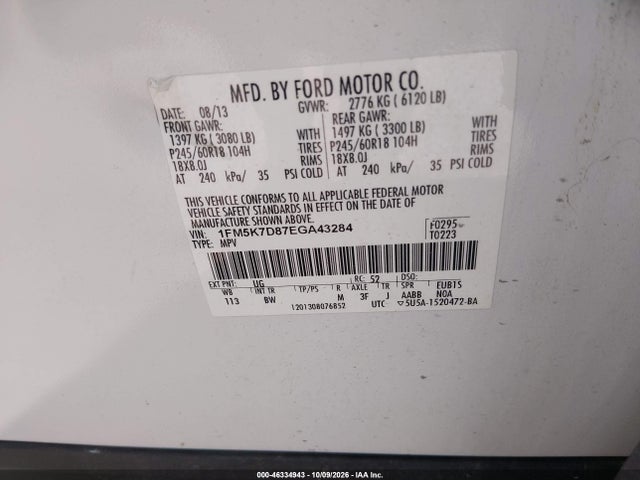 Продажа на аукционе авто 2014 Ford Explorer Xlt, vin: 1FM5K7D87EGA43284, номер лота: 46334943