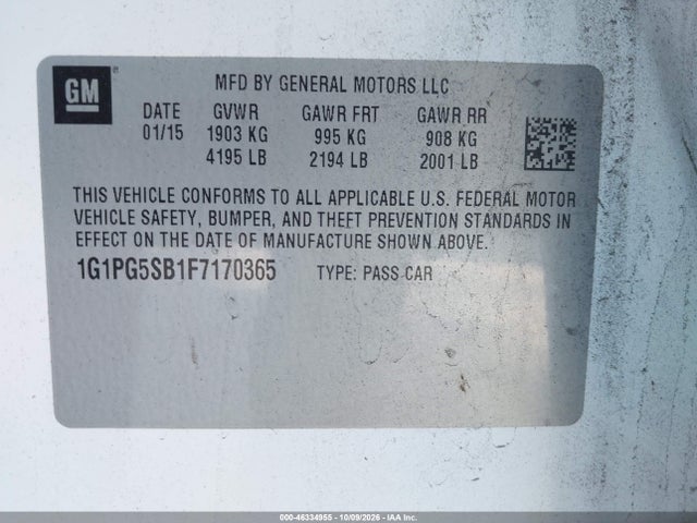 Aukcja sprzedaży 2015 Chevrolet Cruze Ltz, vin: 1G1PG5SB1F7170365, numer aukcji: 46334955