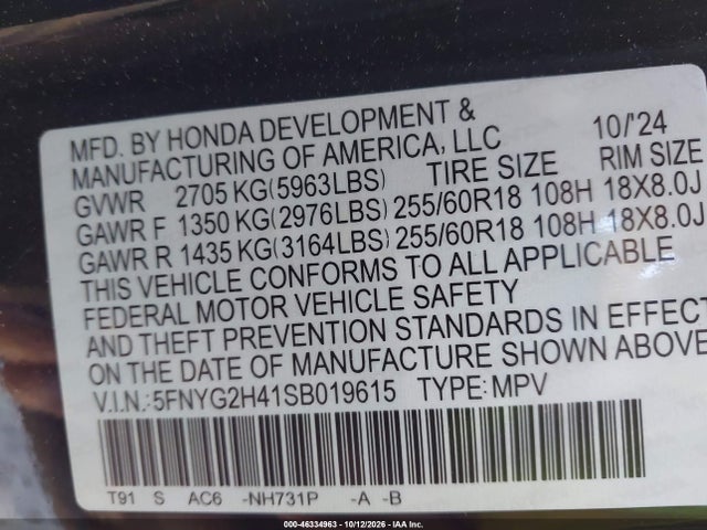 Aukcja sprzedaży 2025 Honda Pilot Ex-l, vin: 5FNYG2H41SB019615, numer aukcji: 46334963