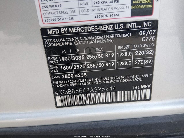 2008 Mercedes-benz Ml 350 4matic მანქანა იყიდება აუქციონზე, vin: 4JGBB86E48A326244, აუქციონის ნომერი: 46334967