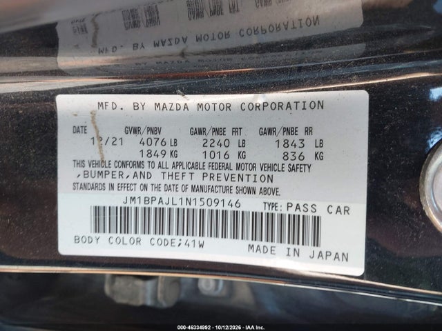 46334992 :رقم المزاد ، JM1BPAJL1N1509146 vin ، 2022 Mazda Mazda3 2.5 S مزاد بيع