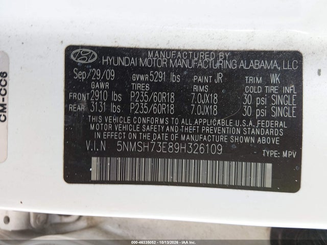 46335052 :رقم المزاد ، 5NMSH73E89H326109 vin ، 2009 Hyundai Santa Fe Limited مزاد بيع