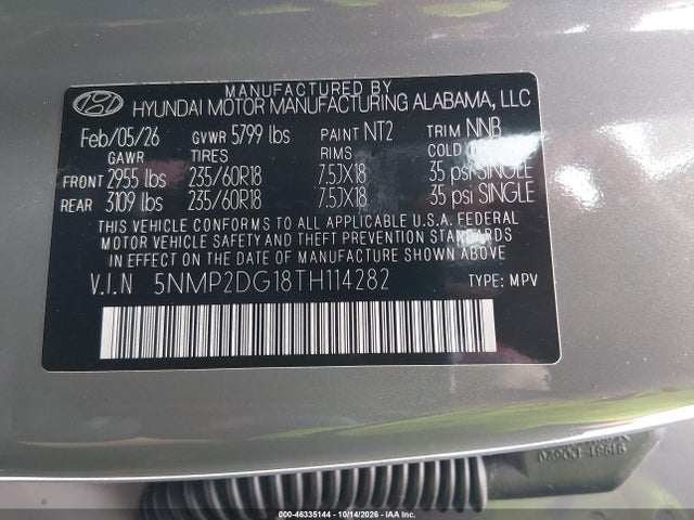 Aukcja sprzedaży 2026 Hyundai Santa Fe Hybrid Sel, vin: 5NMP2DG18TH114282, numer aukcji: 46335144