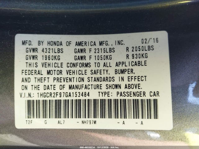 Продажа на аукционе авто 2016 Honda Accord Ex-l, vin: 1HGCR2F97GA153484, номер лота: 46335234