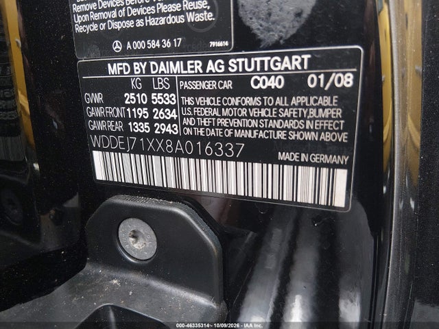 Продажа на аукционе авто 2008 Mercedes-benz Cl 550, vin: WDDEJ71XX8A016337, номер лота: 46335314