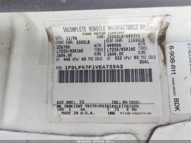 1997 Ford F-super Duty Xl მანქანა იყიდება აუქციონზე, vin: 1FDLF47F1VEA73543, აუქციონის ნომერი: 46335342